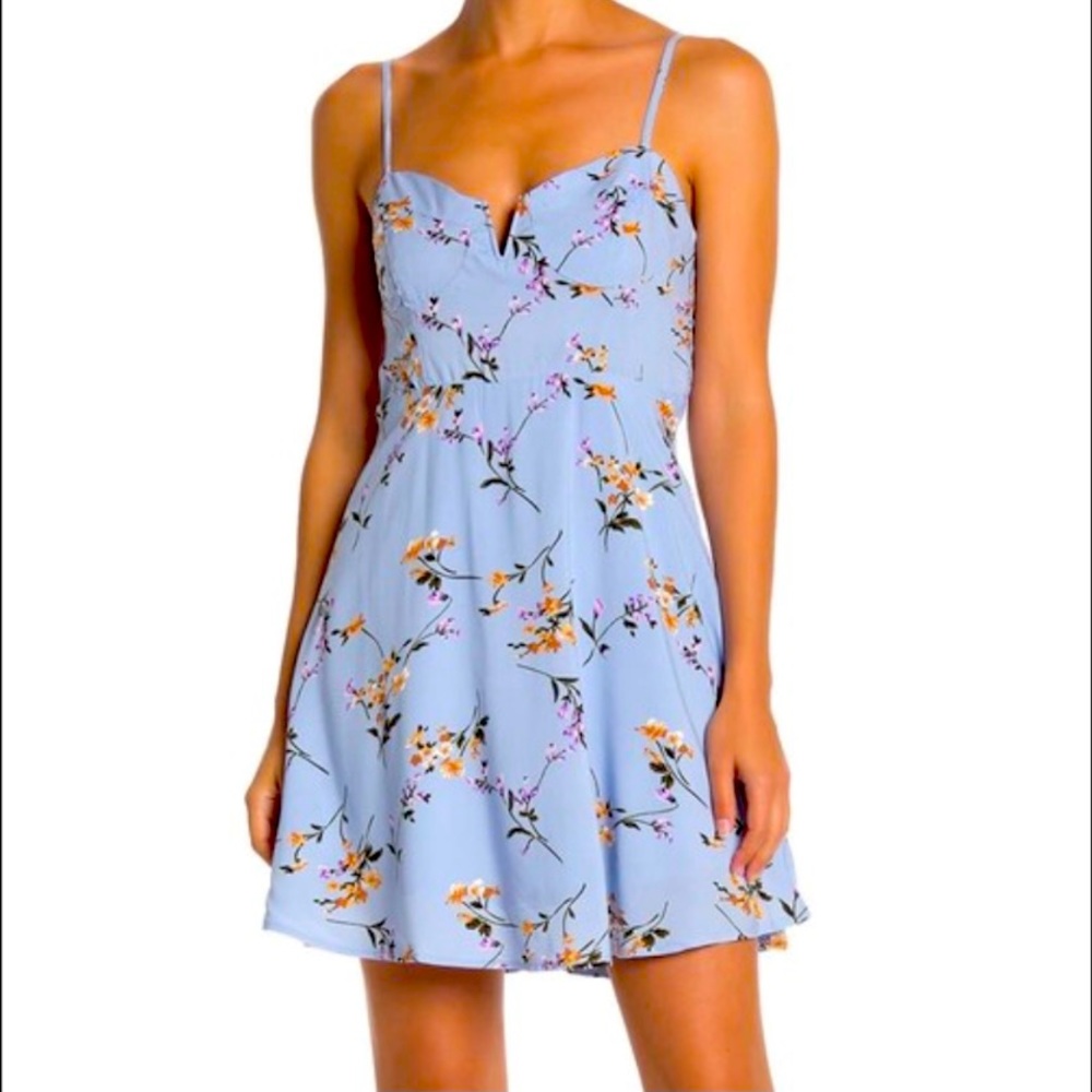 Melloday Floral V-Notch Skater Blue Dress